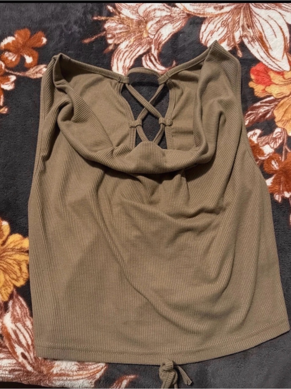 SHEIN Olive Green Ribbed Cowl Neck Tank with Crisscross Back